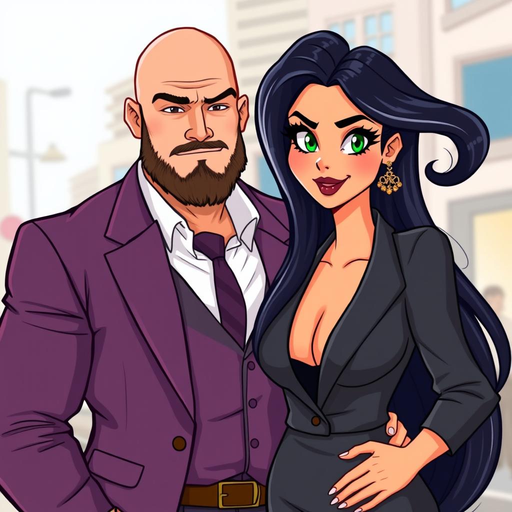 A muscular bald man with a well-groomed beard, dressed in stylish smart clothes, standing next to his partner, a curvy woman in elegant attire
