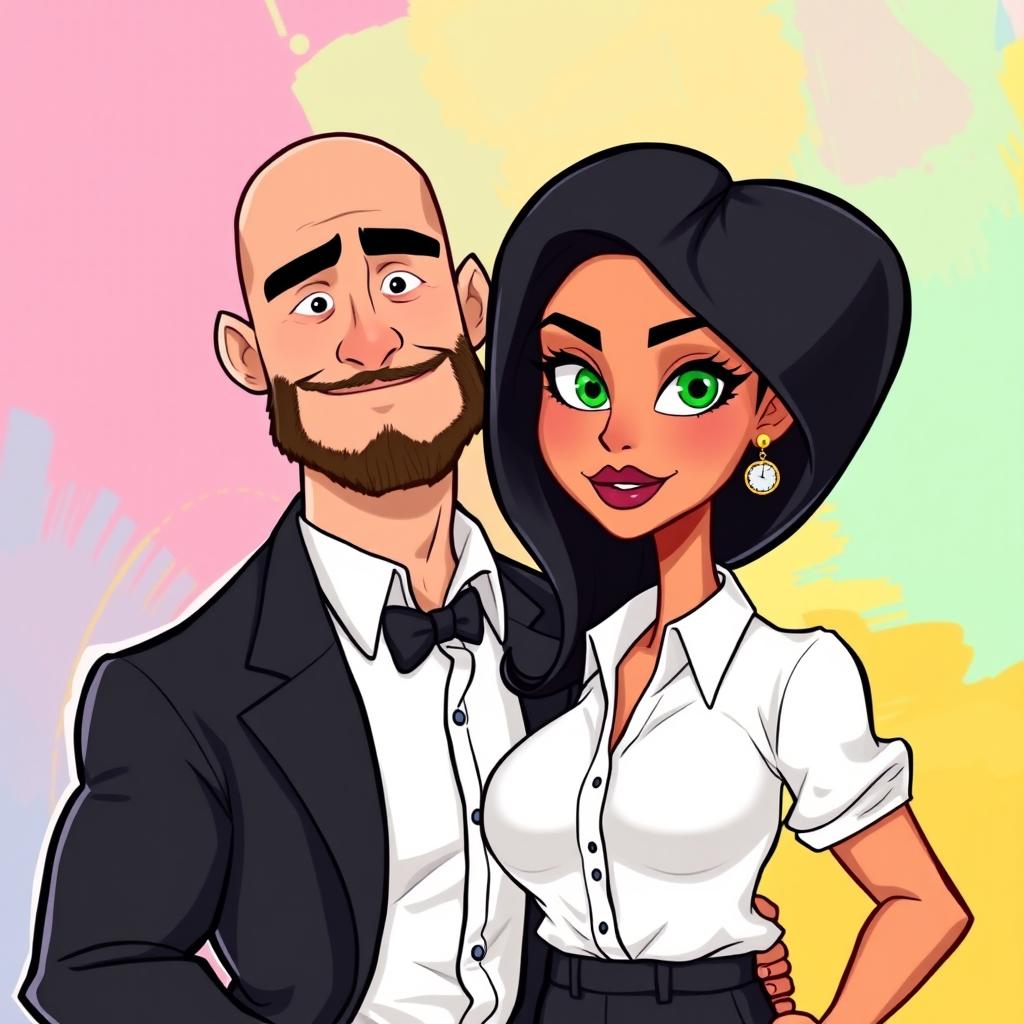 A cartoon-style illustration of a muscular bald man with a well-groomed beard, dressed in smart, tailored clothes