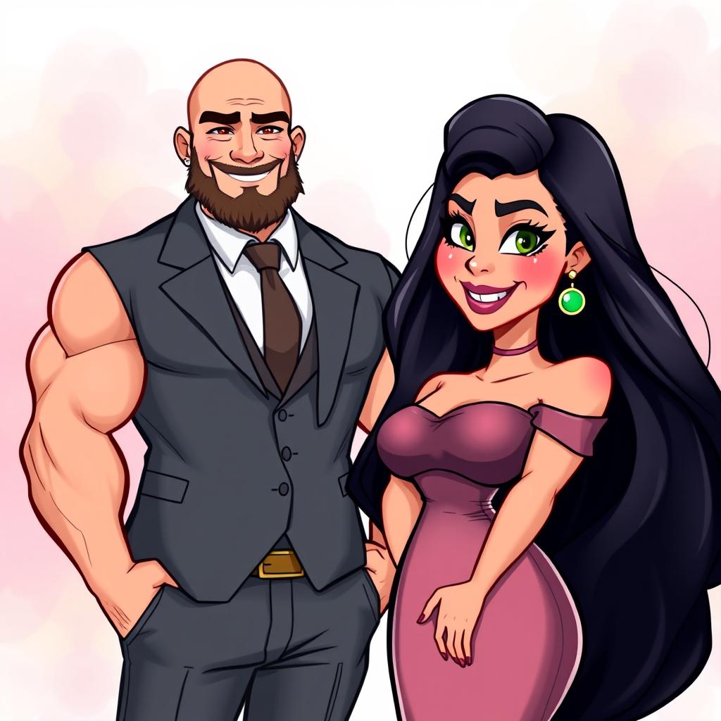 A muscular bald man with a beard, dressed in smart clothing that includes a tailored suit and stylish shoes, stands next to a curvy woman who is smartly dressed in an elegant dress