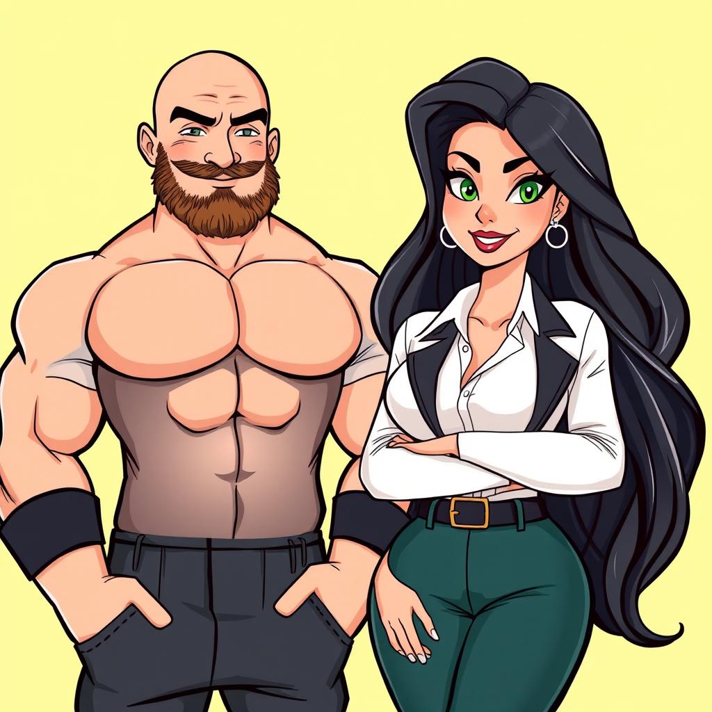 A cartoon style illustration featuring a muscular bald man with a thick beard, dressed in stylish smart clothing, standing confidently next to a curvy woman also dressed smartly