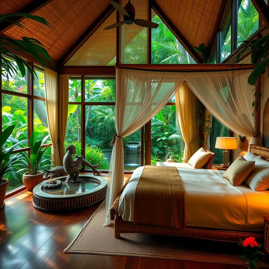 A luxurious hotel suite designed with a jungle resort concept, featuring lush tropical plants, wooden accents, and large windows overlooking a vibrant green rainforest