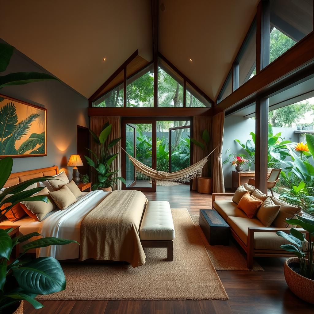 A luxurious suite designed with the concept of a jungle retreat, featuring lush green plants, large tropical leaves, and warm wooden accents