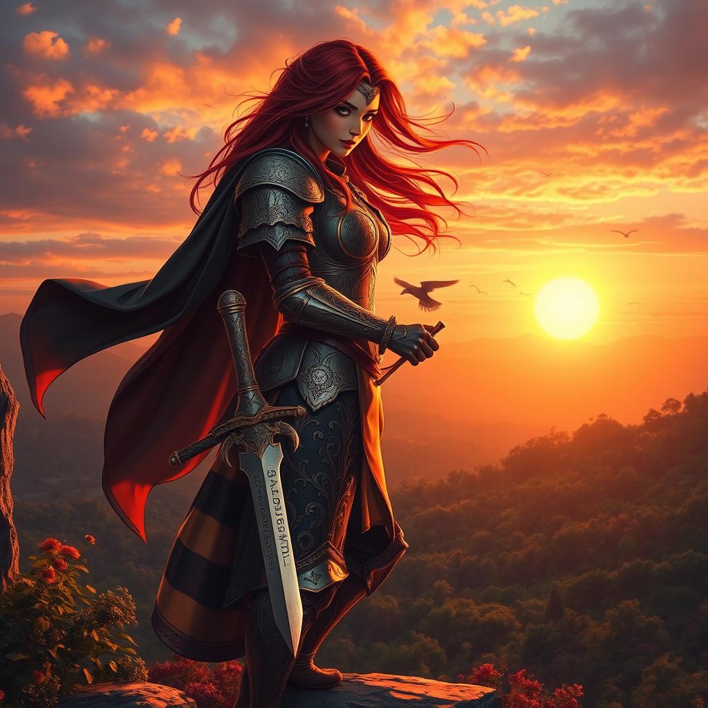 A beautiful female warrior standing on a cliff edge overlooking a vast, enchanted forest during sunset
