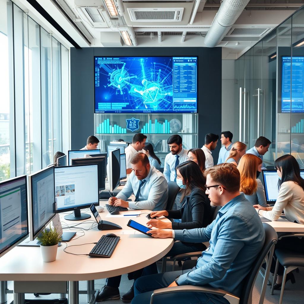 A modern office environment featuring a bustling telecommunications company