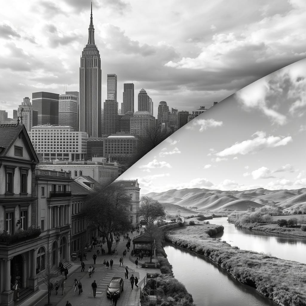 A composition merging two realistic black and white 2D images, creating a seamless blend that highlights the intricate details of both images
