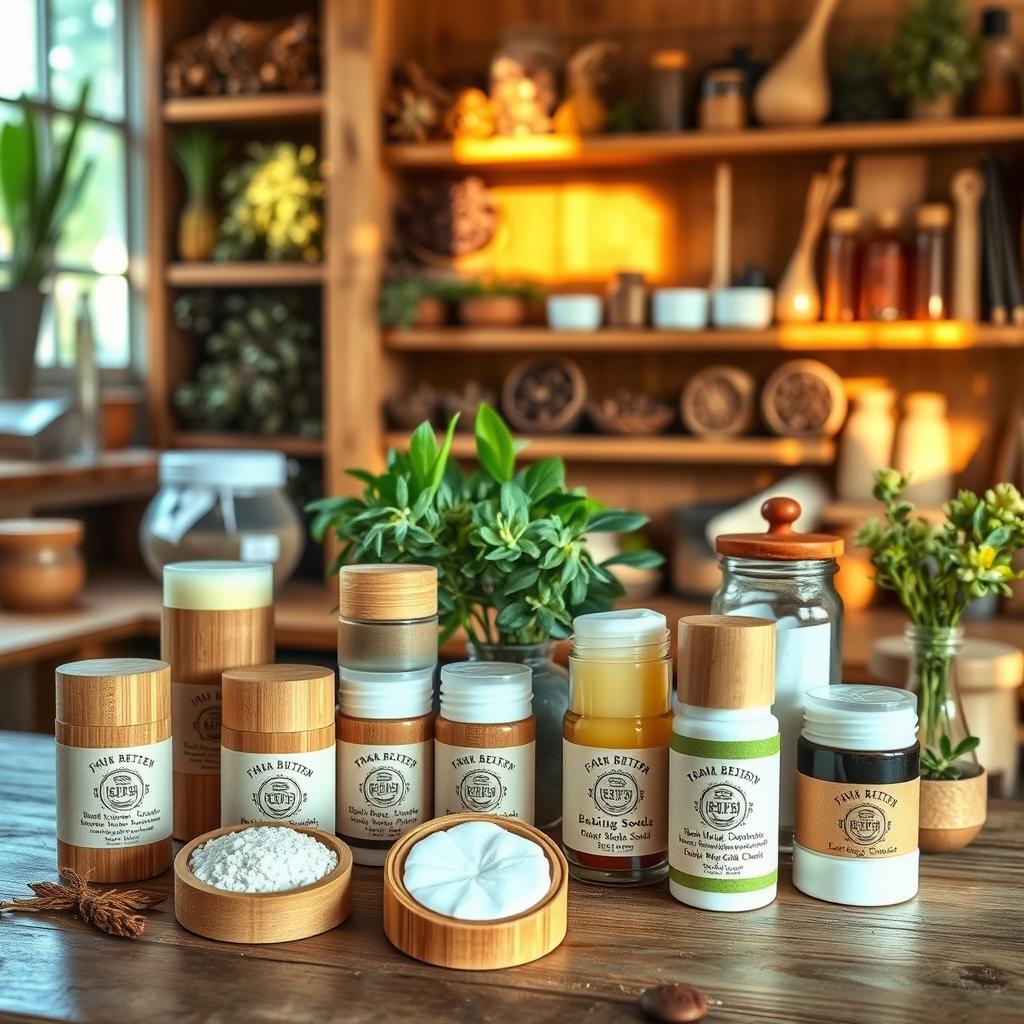 A beautifully arranged display of handmade natural deodorants, set in an artisan workshop