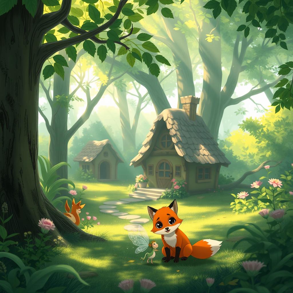 A whimsical, lush forest scene in the style of Studio Ghibli, featuring vibrant greenery, magical creatures, and a charming little cottage nestled among the trees