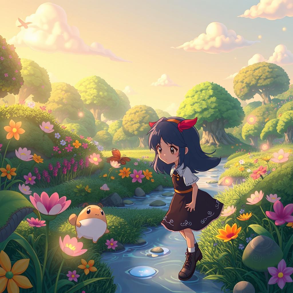 A whimsical and enchanting scene inspired by Studio Ghibli, featuring a lush, colorful forest filled with magical creatures and vibrant plants