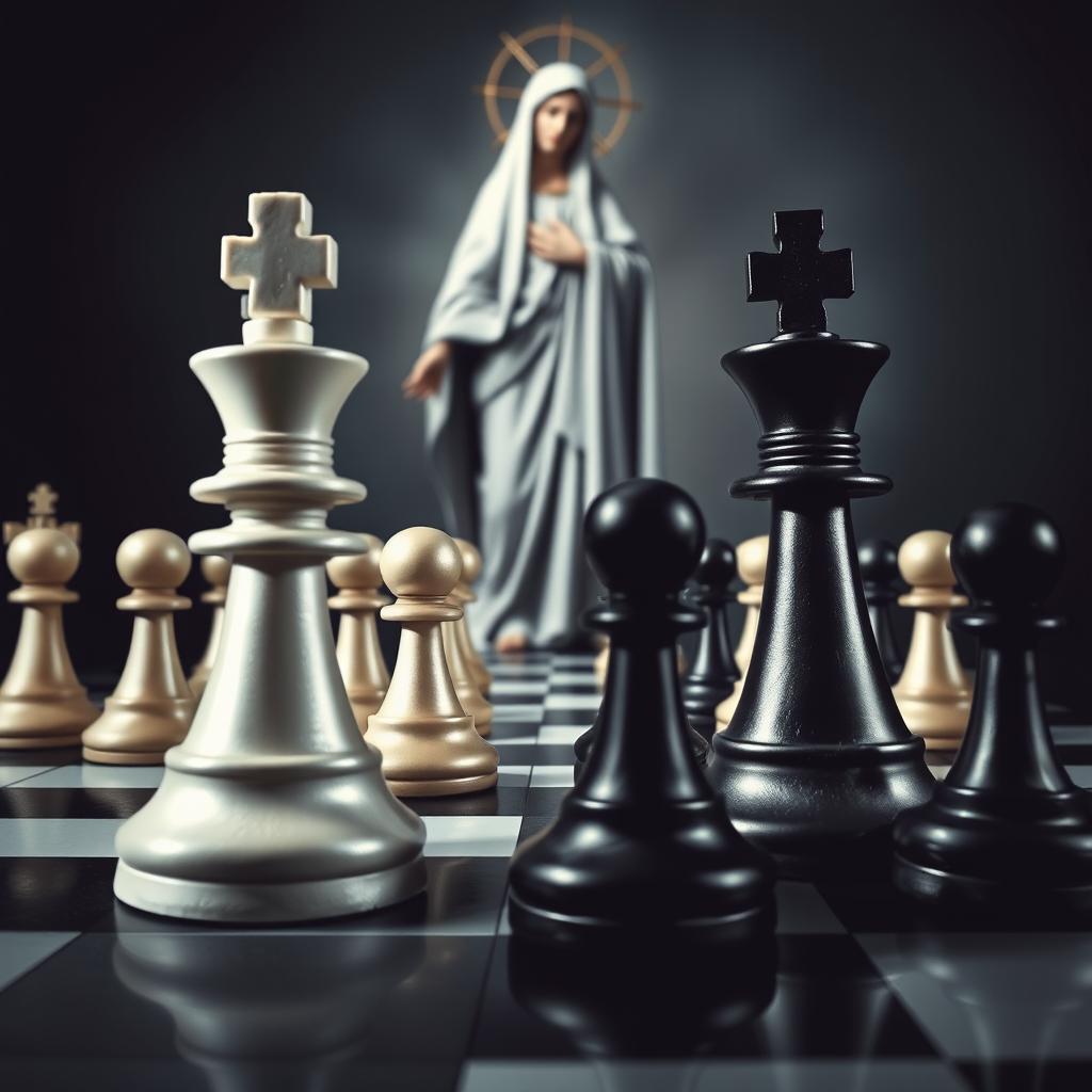An artistic opera poster themed around chess, featuring an asymmetrical chessboard viewed diagonally
