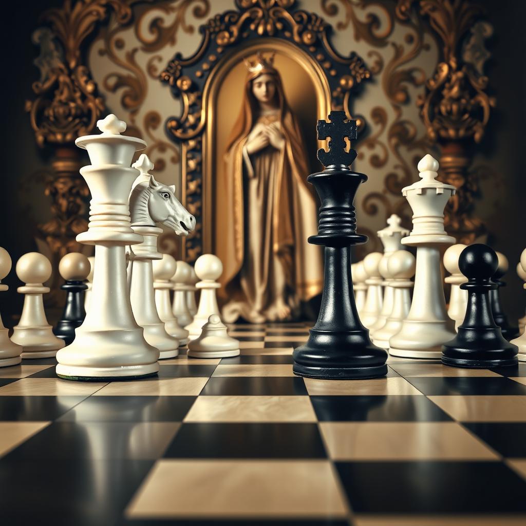 An opera poster themed around chess, showcasing an asymmetric chessboard viewed from a diagonal perspective