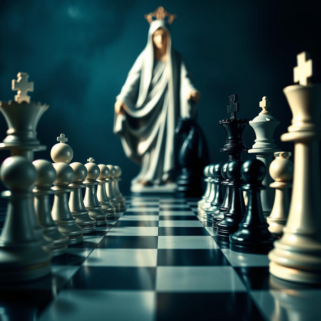 An opera poster themed around chess, featuring an asymmetric chessboard viewed from a diagonal perspective