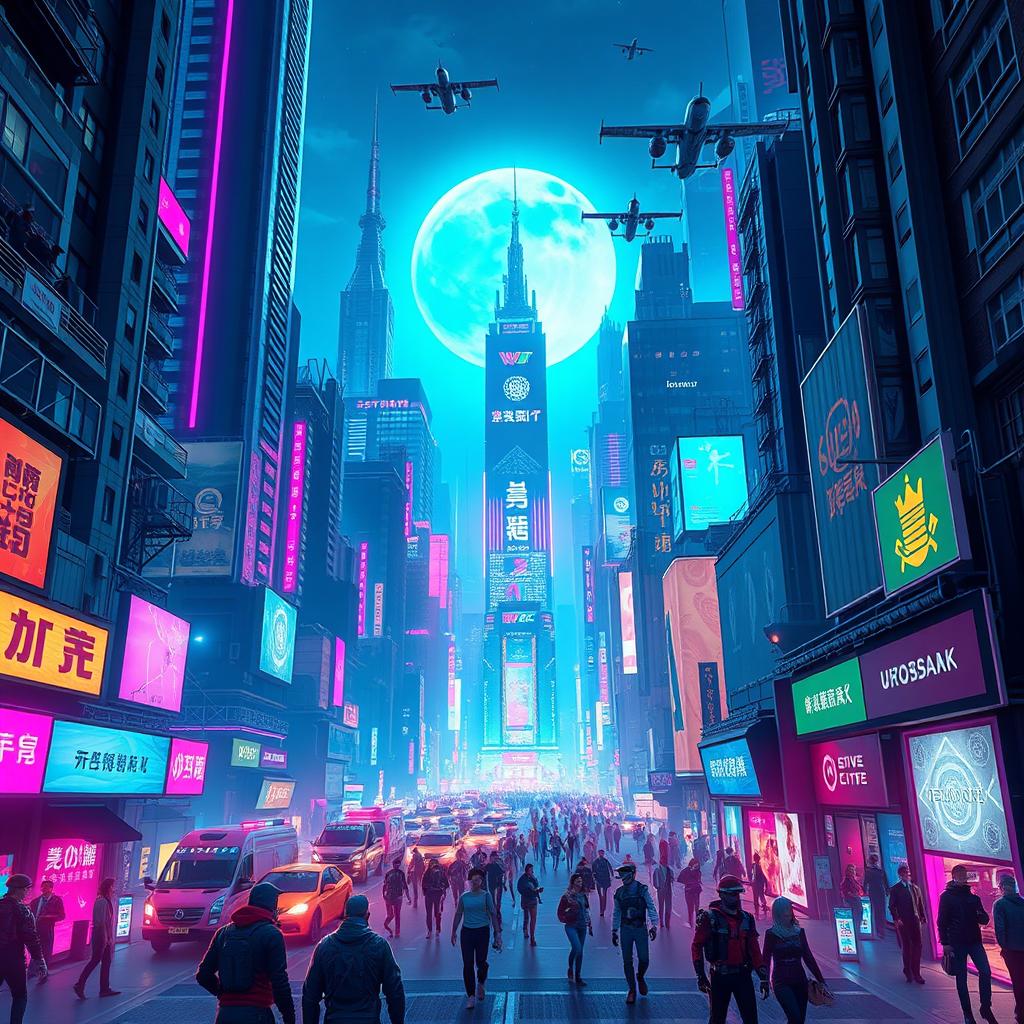 A vibrant and futuristic cyberpunk cityscape at night, featuring towering skyscrapers illuminated with neon lights in shades of blue, pink, and green