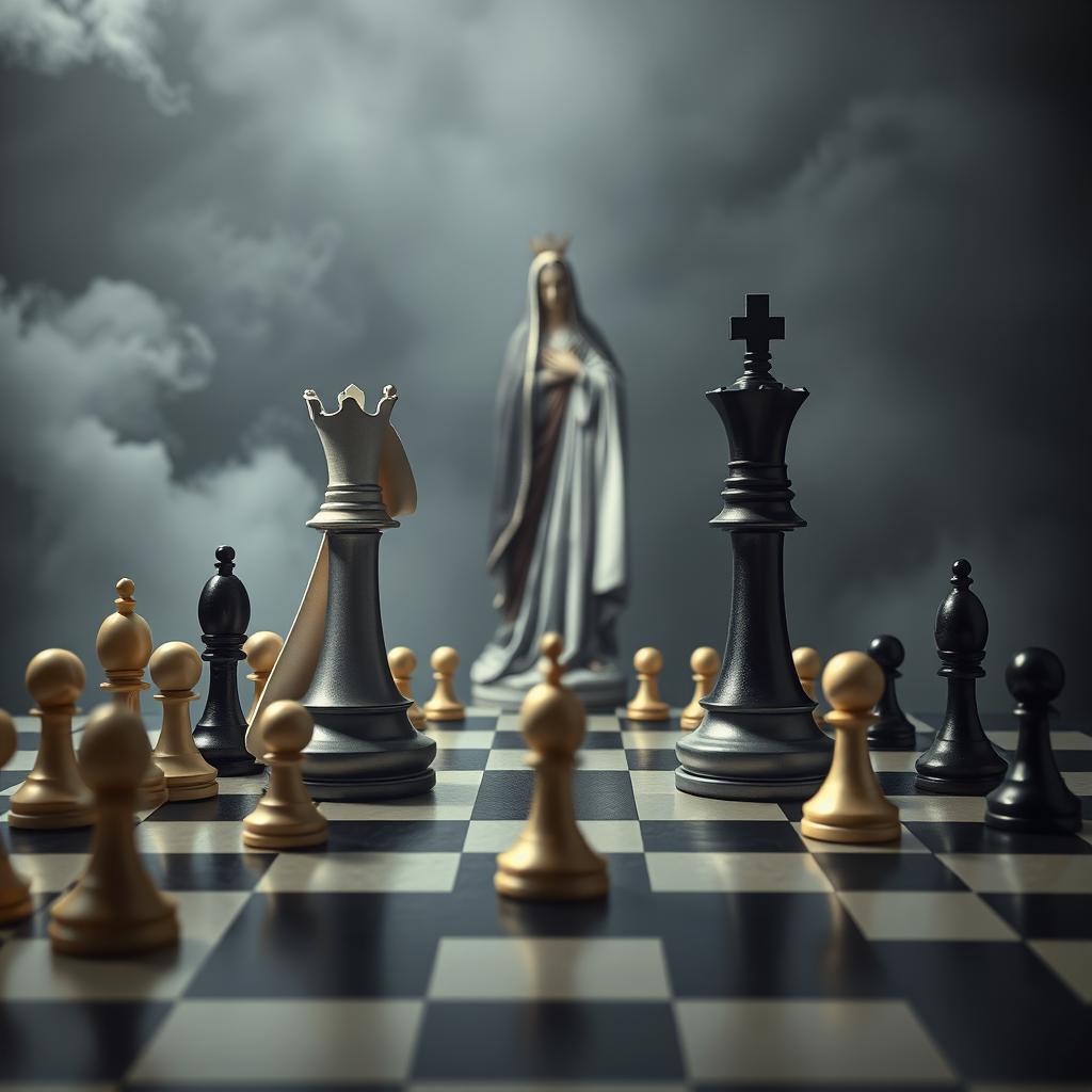A poster for an opera themed around chess, featuring an asymmetrical chessboard viewed from a diagonal angle