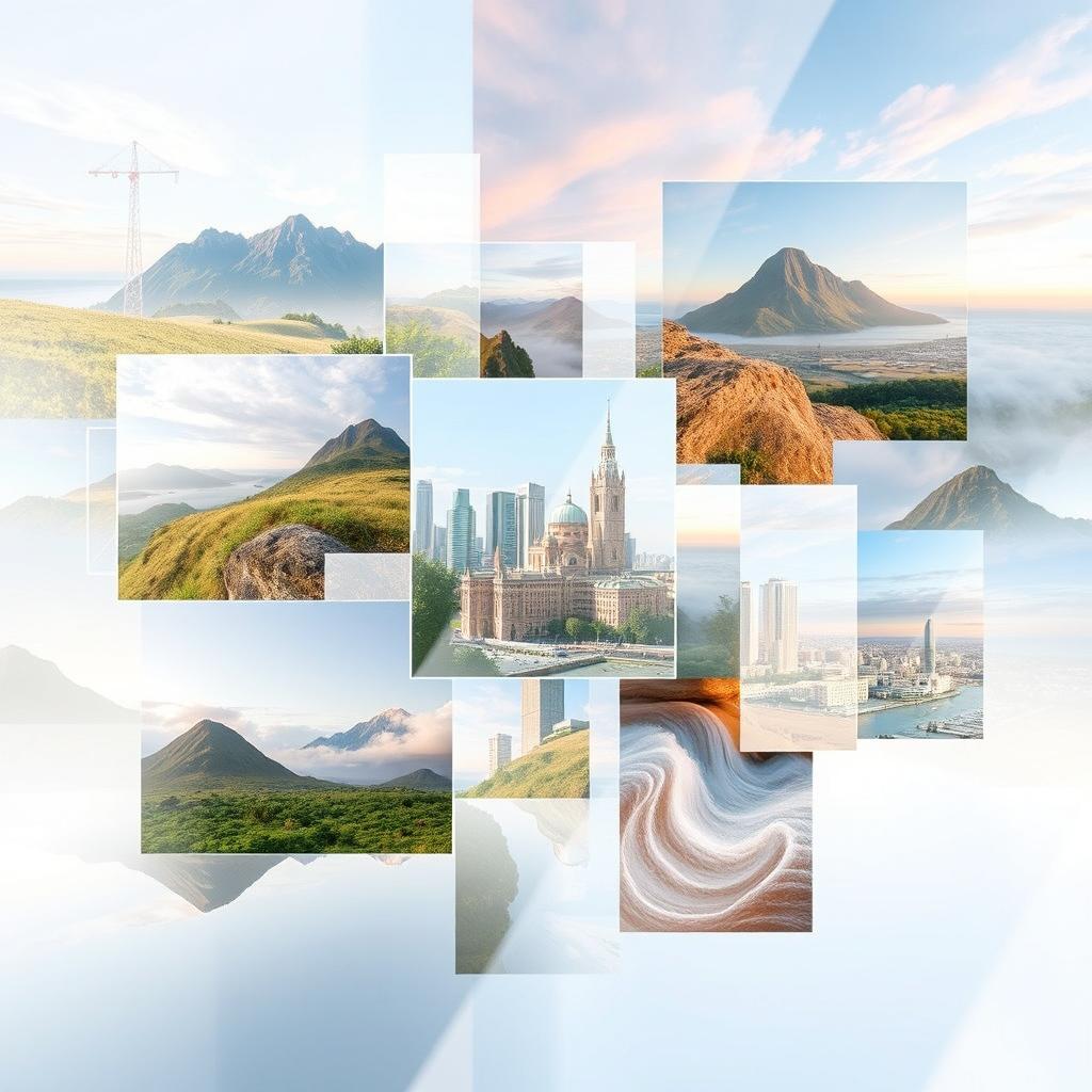 An artistic composition that merges multiple pictures seamlessly with smooth transitions, creating a harmonious blend of different images into one cohesive piece