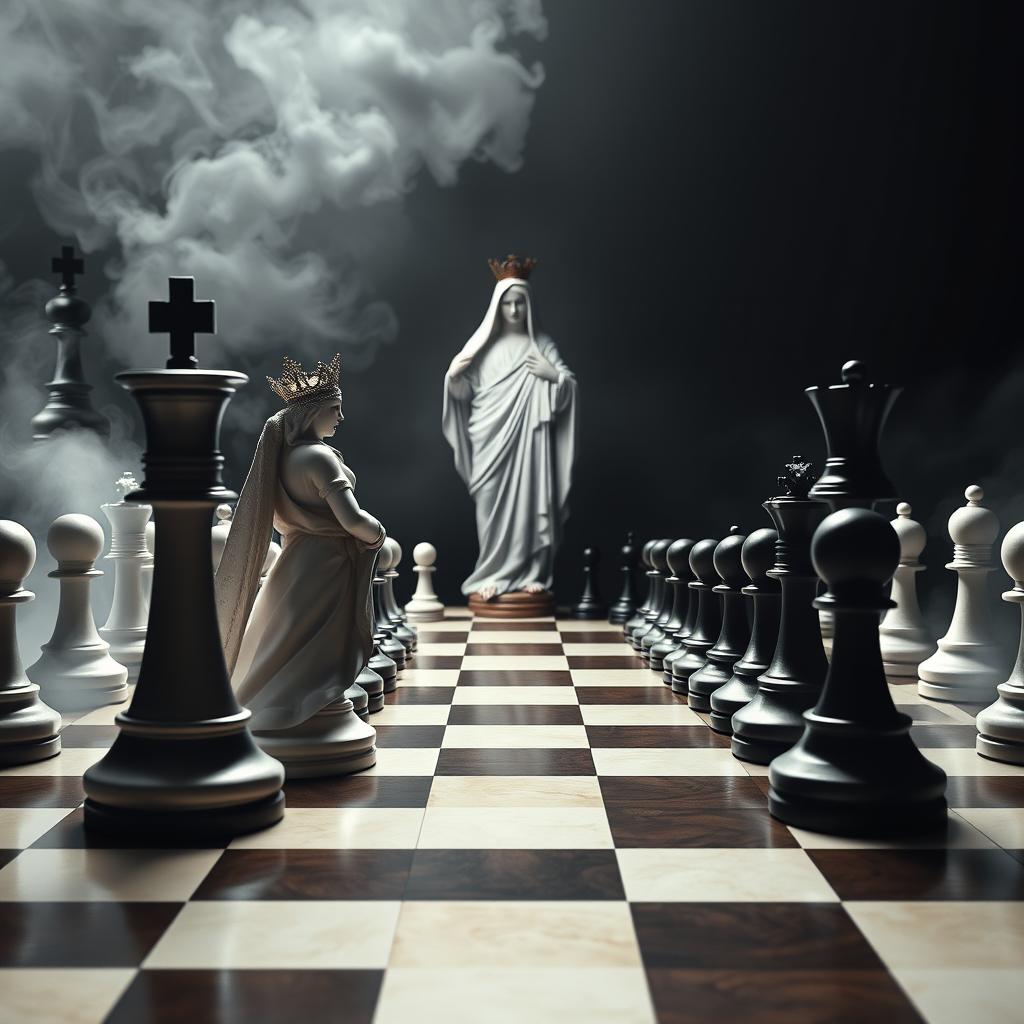 A poster for an opera themed around chess, featuring an asymmetrical chessboard viewed from a diagonal angle