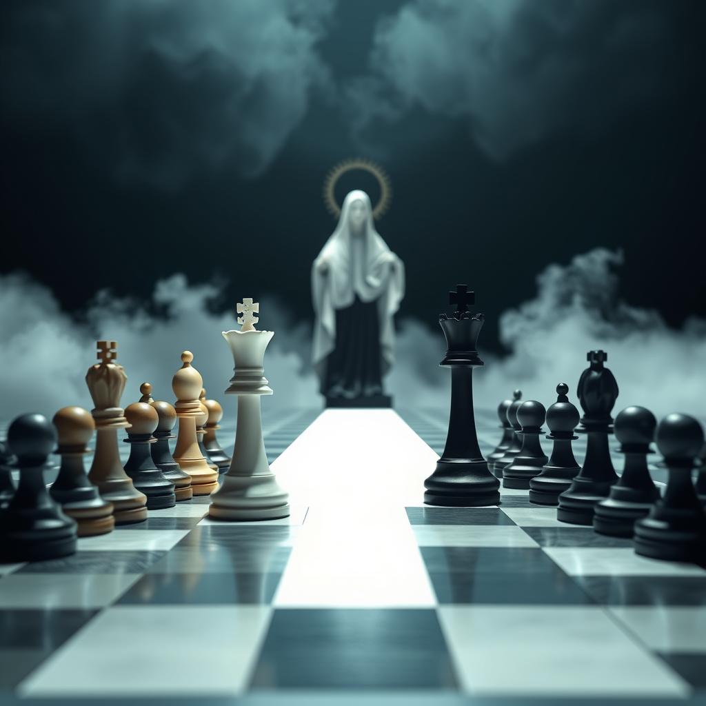 A diagonally viewed chessboard from a 45-degree perspective, showcasing a minimalistic setting