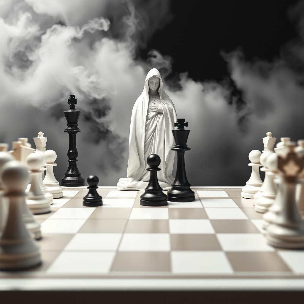 An asymmetric chessboard viewed from the white corner at a 45-degree diagonal perspective, leading to a minimalist representation of the Virgin Mary crafted from the white squares of the chessboard