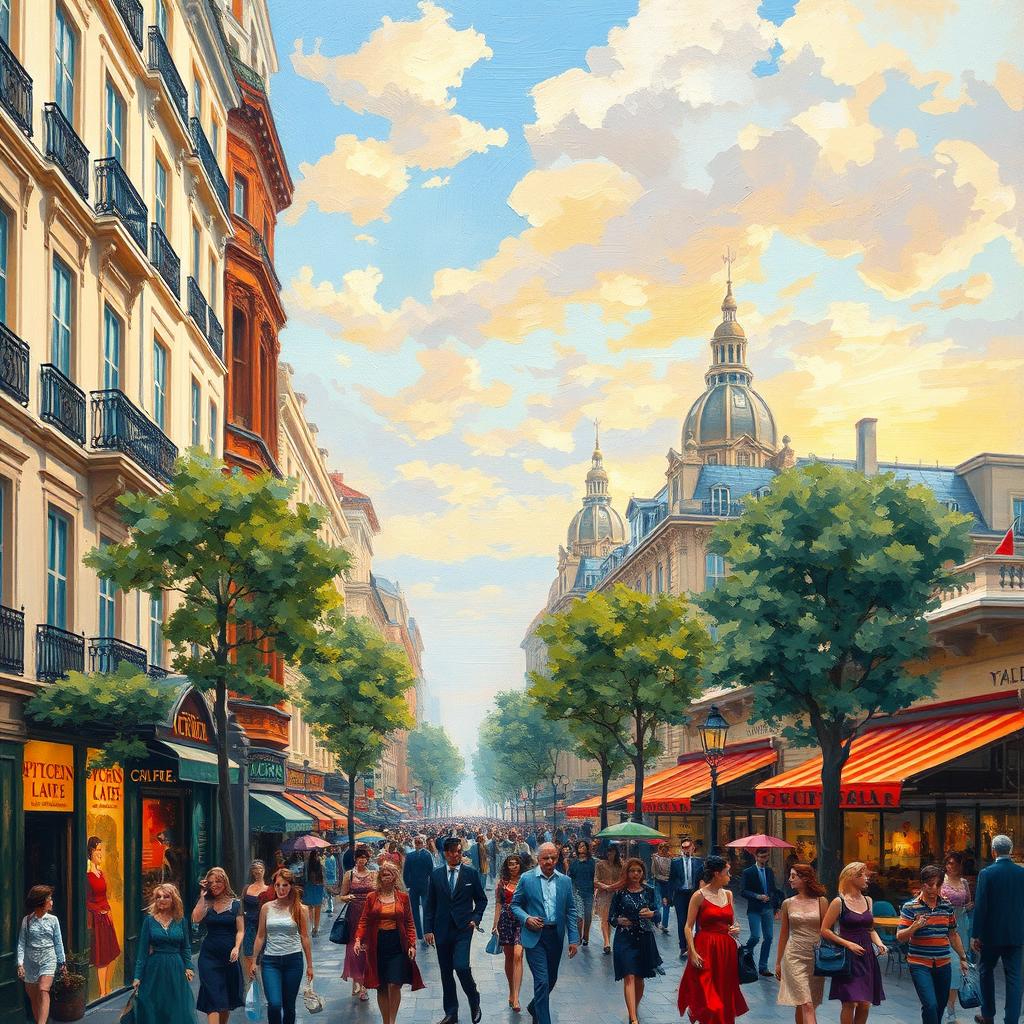 An Impressionist painting depicting a bustling cityscape filled with vibrant colors and dynamic brush strokes