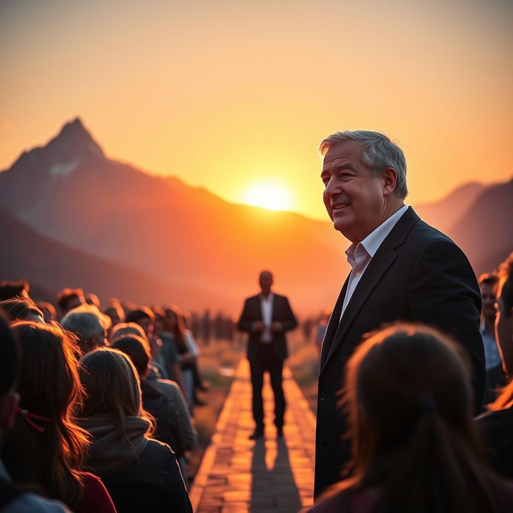 A charismatic leader speaking openly with a group of people in the foreground, all facing a radiant path that leads into a glowing horizon