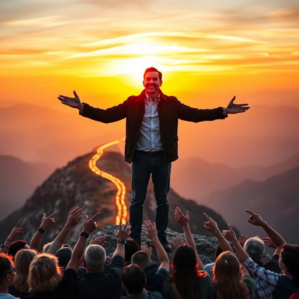 A charismatic leader stands confidently on a majestic mountaintop, arms wide open as he passionately speaks to a captivated audience