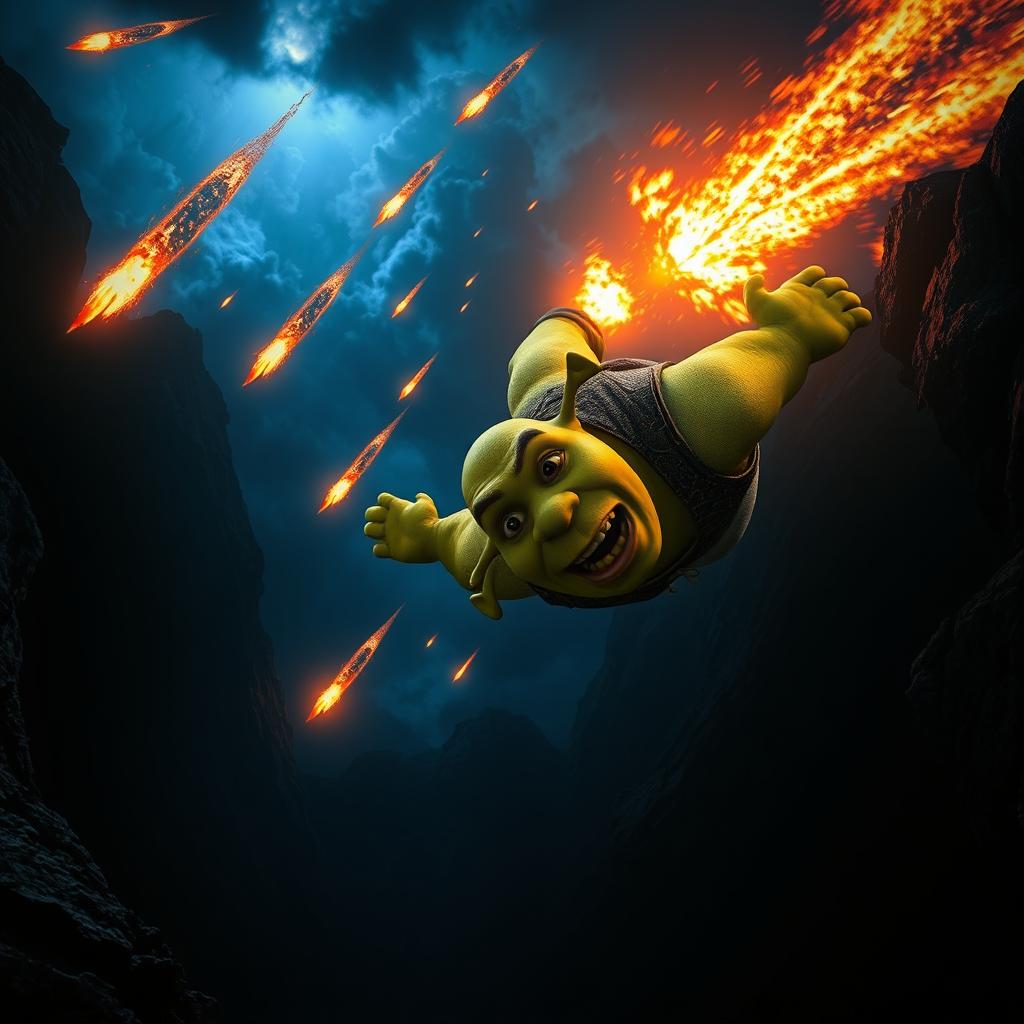 An epic scene of Shrek falling into a dark and expansive abyss, with a look of shock on his face