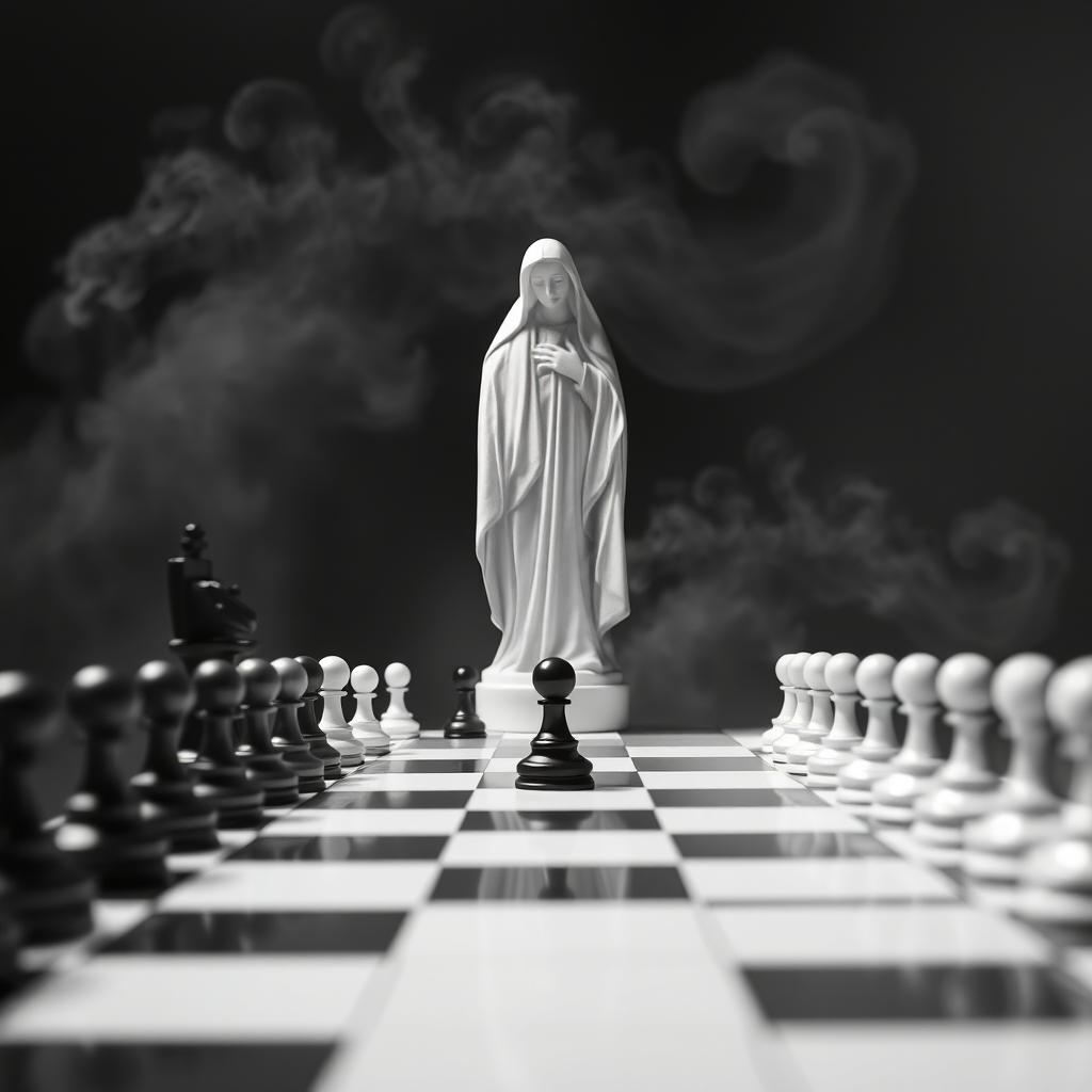 A black and white chessboard viewed from the white corner at a 45-degree angle, creating the illusion of a white pathway leading towards a minimalist depiction of the Virgin Mary, made up of the white squares of the chessboard
