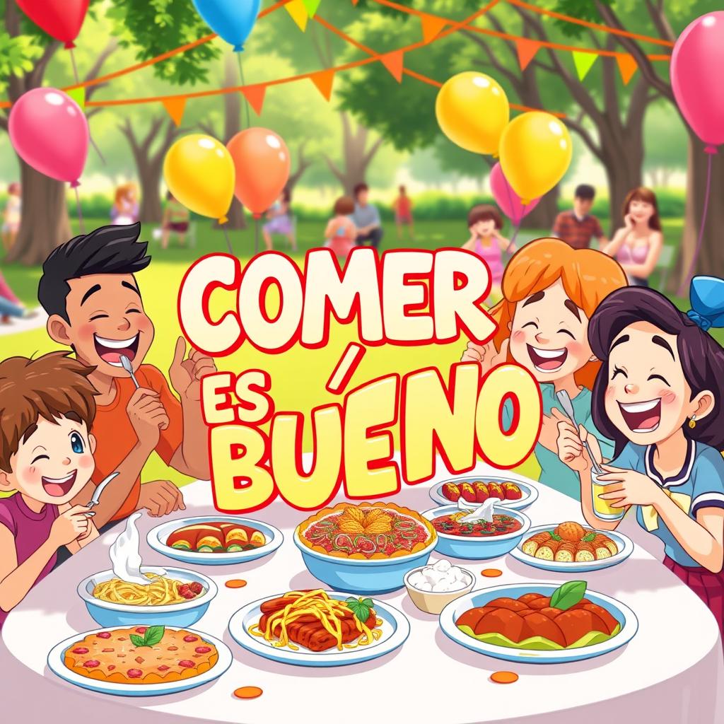 An animated scene featuring a joyful and colorful celebration around food, with various dishes displayed prominently