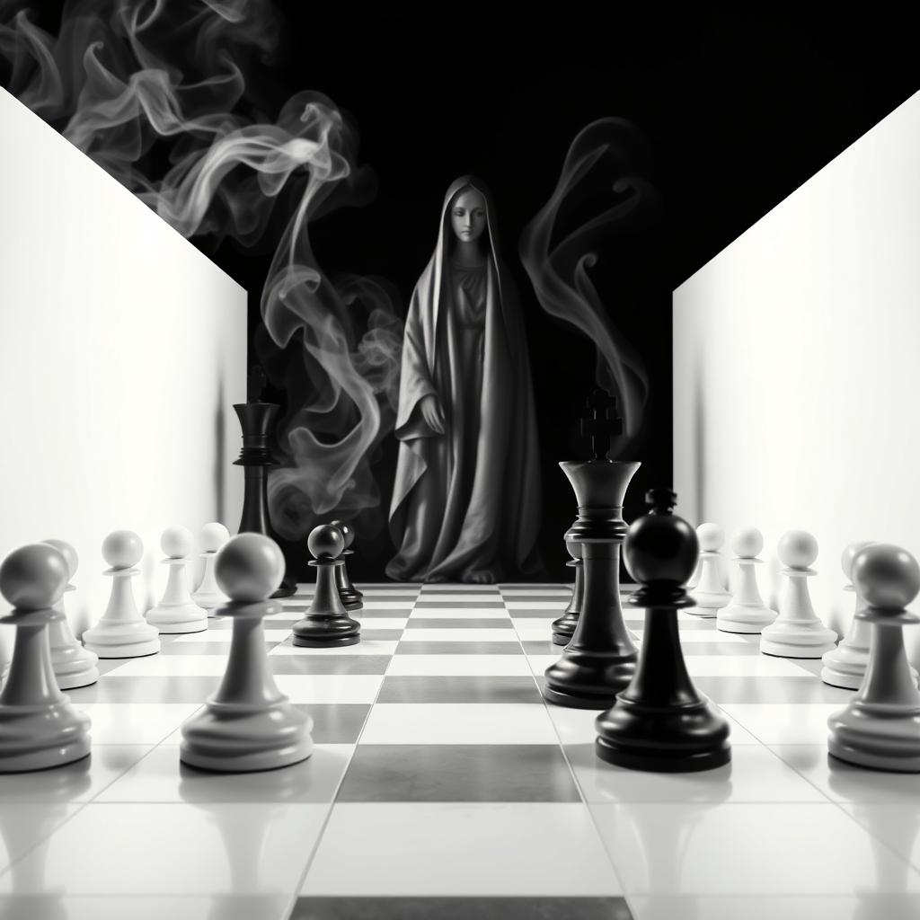 A black and white opera poster for "Suor Angelica" themed around chess