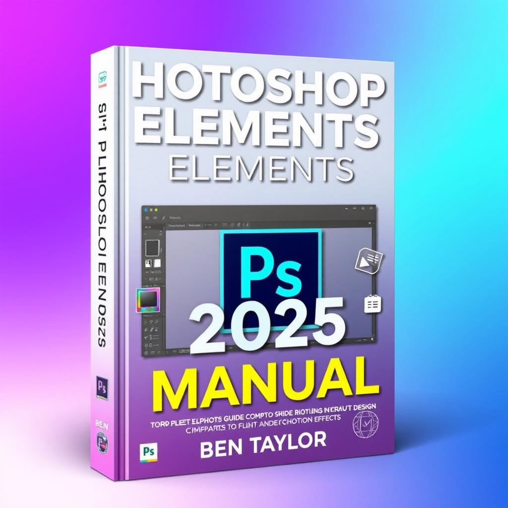 An eye-catching and professional book cover for 'PHOTOSHOP ELEMENTS 2025 MANUAL' by Ben Taylor, featuring a complete guide to digital photo editing and creative design