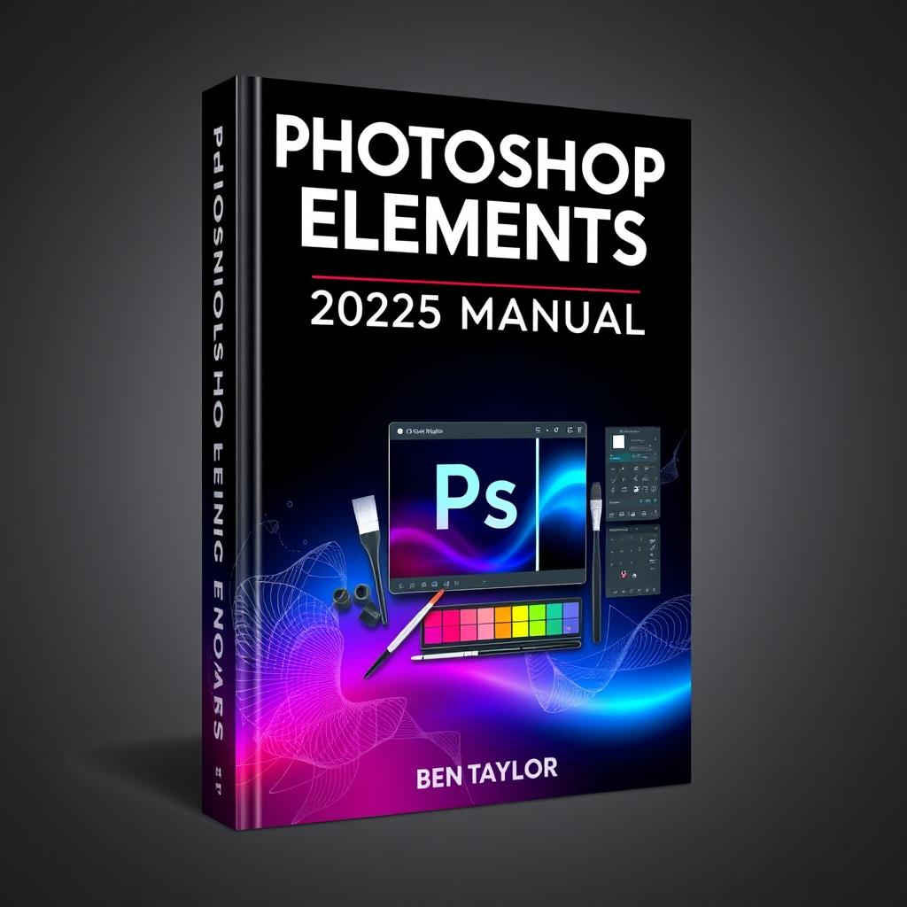 A visually striking and professional book cover for 'PHOTOSHOP ELEMENTS 2025 MANUAL' by Ben Taylor, designed as a comprehensive guide to digital photo editing and creative design