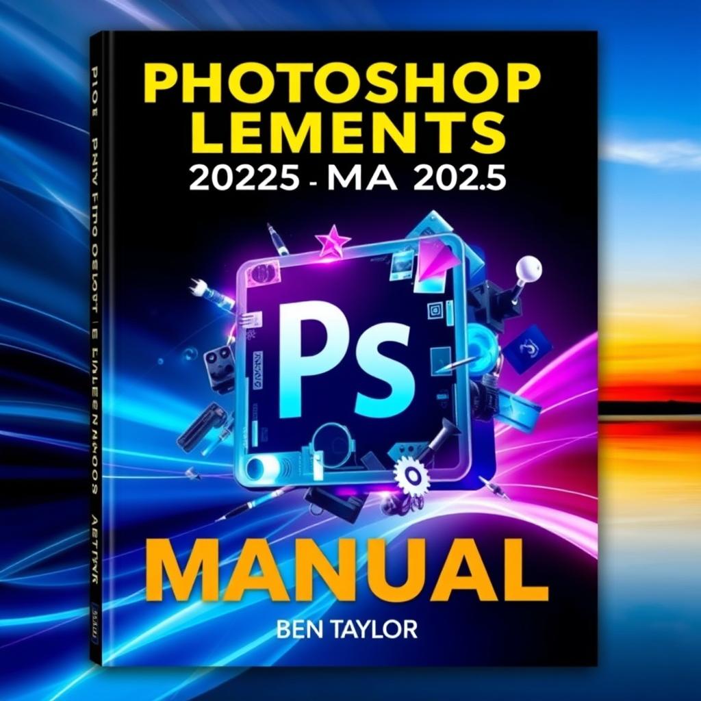 An attractive and professional book cover for 'PHOTOSHOP ELEMENTS 2025 MANUAL' by Ben Taylor, presenting a complete guide to digital photo editing and creative design