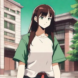 A girl with long, silky dark brown hair and greenish hazel eyes, illustrated in Jujutsu Kaisen anime style. She is wearing an oversized T-shirt with a mandarin on it, standing and smiling in front of a University building.