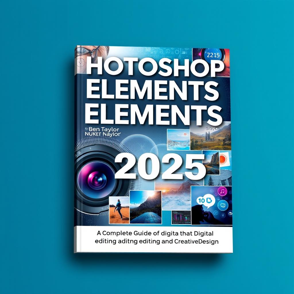 A meticulously designed book cover for 'Photoshop Elements 2025 Manual by Ben Taylor, A Complete Guide to Digital Photo Editing and Creative Design'
