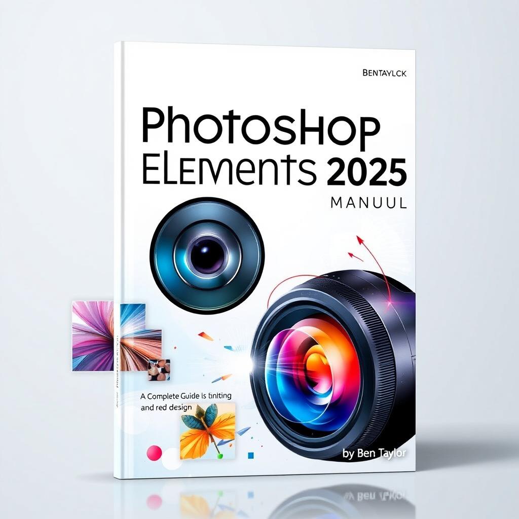 A visually striking book cover for 'Photoshop Elements 2025 Manual by Ben Taylor, A Complete Guide to Digital Photo Editing and Creative Design'