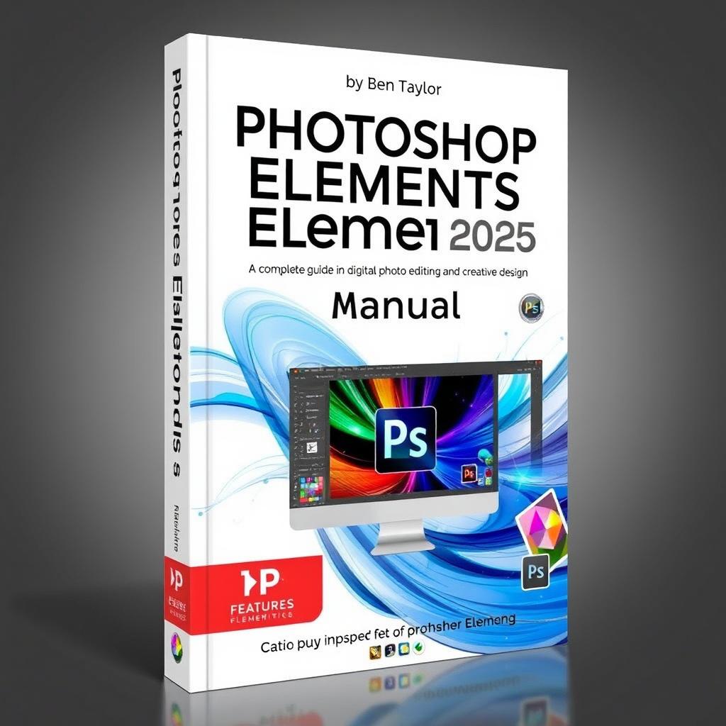 An eye-catching book cover for 'Photoshop Elements 2025 Manual by Ben Taylor, A Complete Guide to Digital Photo Editing and Creative Design'