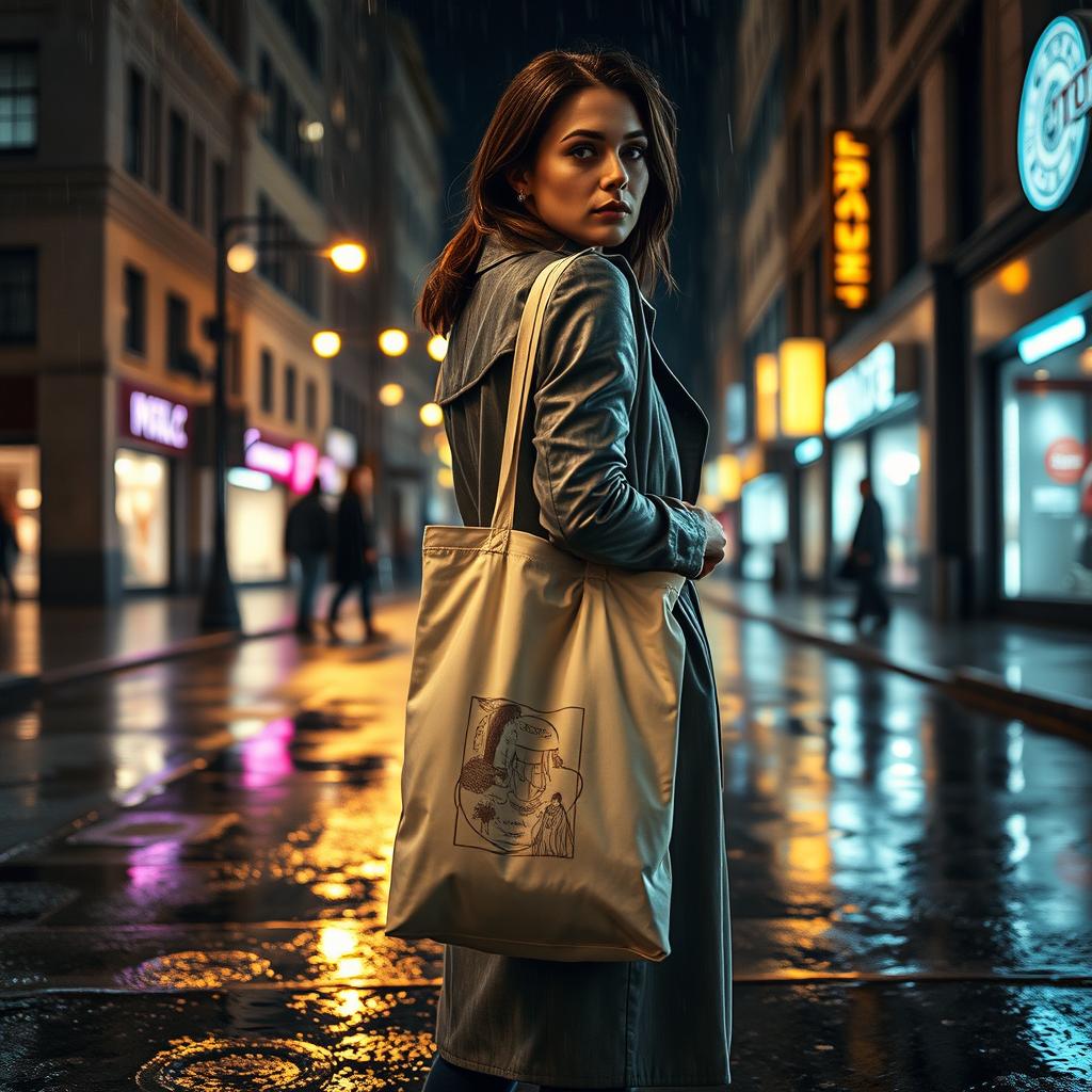 A woman standing under softly glowing streetlights on a rainy night, holding a white canvas tote bag