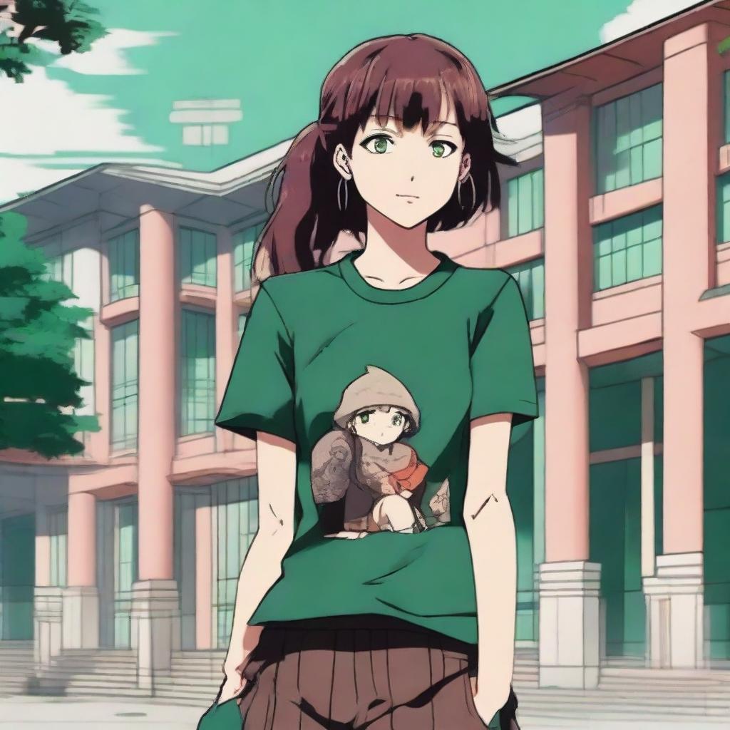 A girl with long, silky dark brown hair and greenish hazel eyes, illustrated in Jujutsu Kaisen anime style. She is wearing an oversized T-shirt with a mandarin on it, standing and smiling in front of a University building.