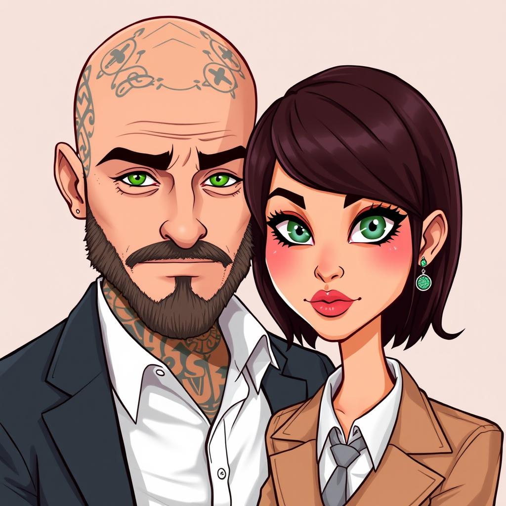 A stylishly dressed bald man with a beard and numerous tattoos, showcasing his vibrant greenish eyes