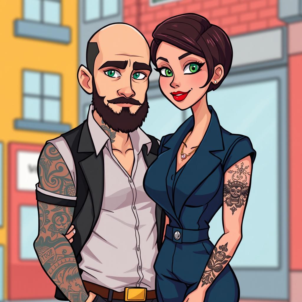 A cartoon-style illustration of a stylishly dressed bald man with a well-groomed beard and numerous tattoos covering his arms