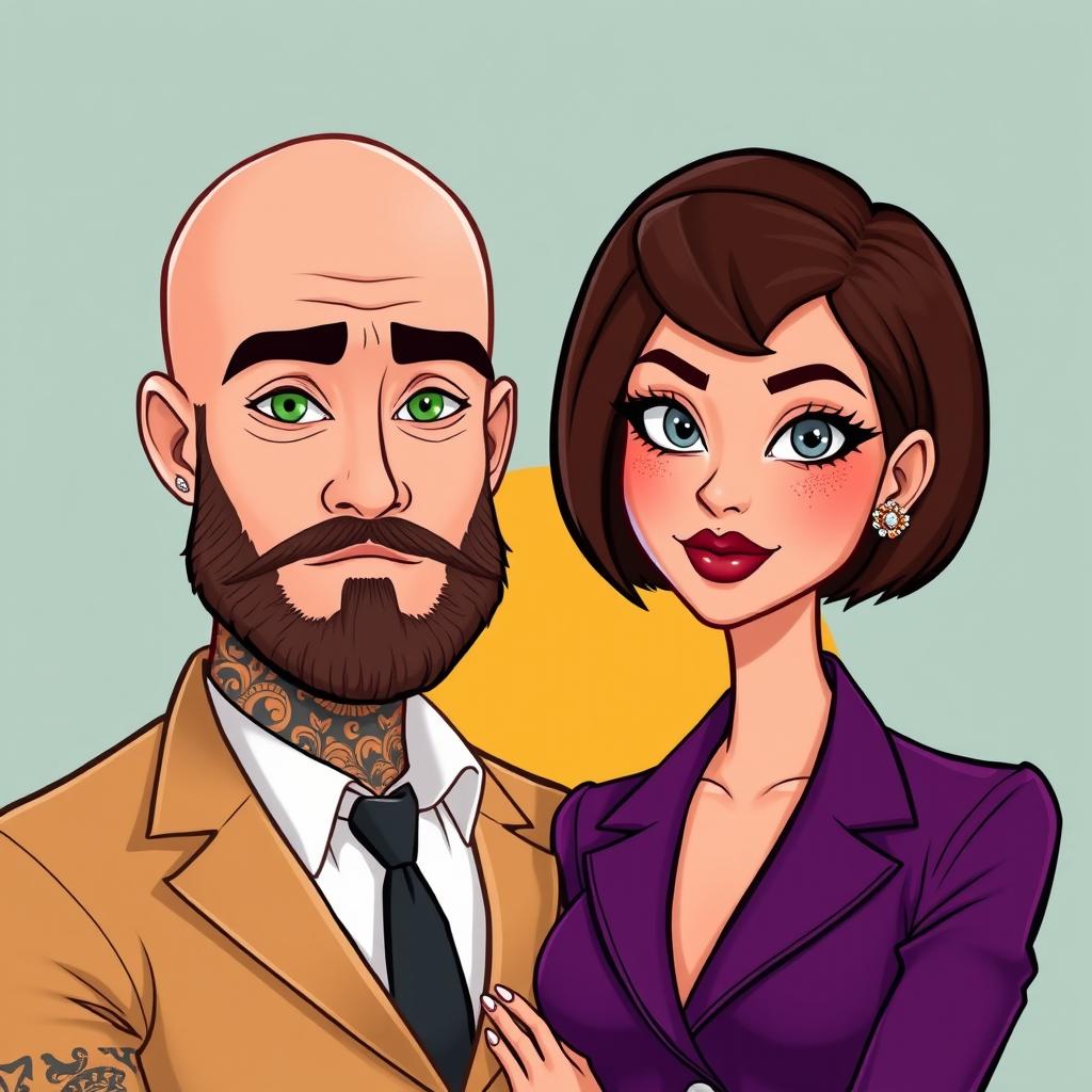 A stylishly dressed bald man with a well-groomed beard, featuring numerous intricate tattoos covering his arms and neck