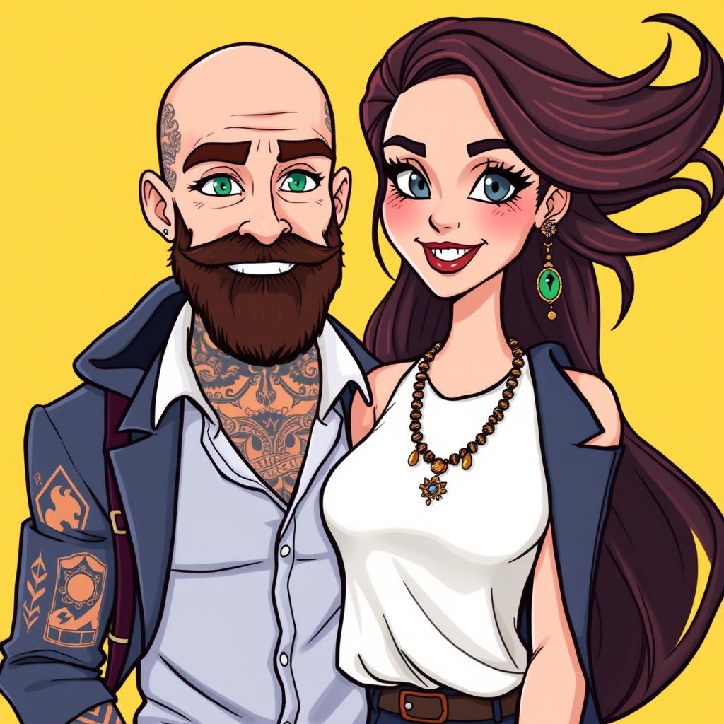 A cartoon-style illustration of a stylishly dressed bald man with a beard and numerous tattoos, showcasing his unique personality
