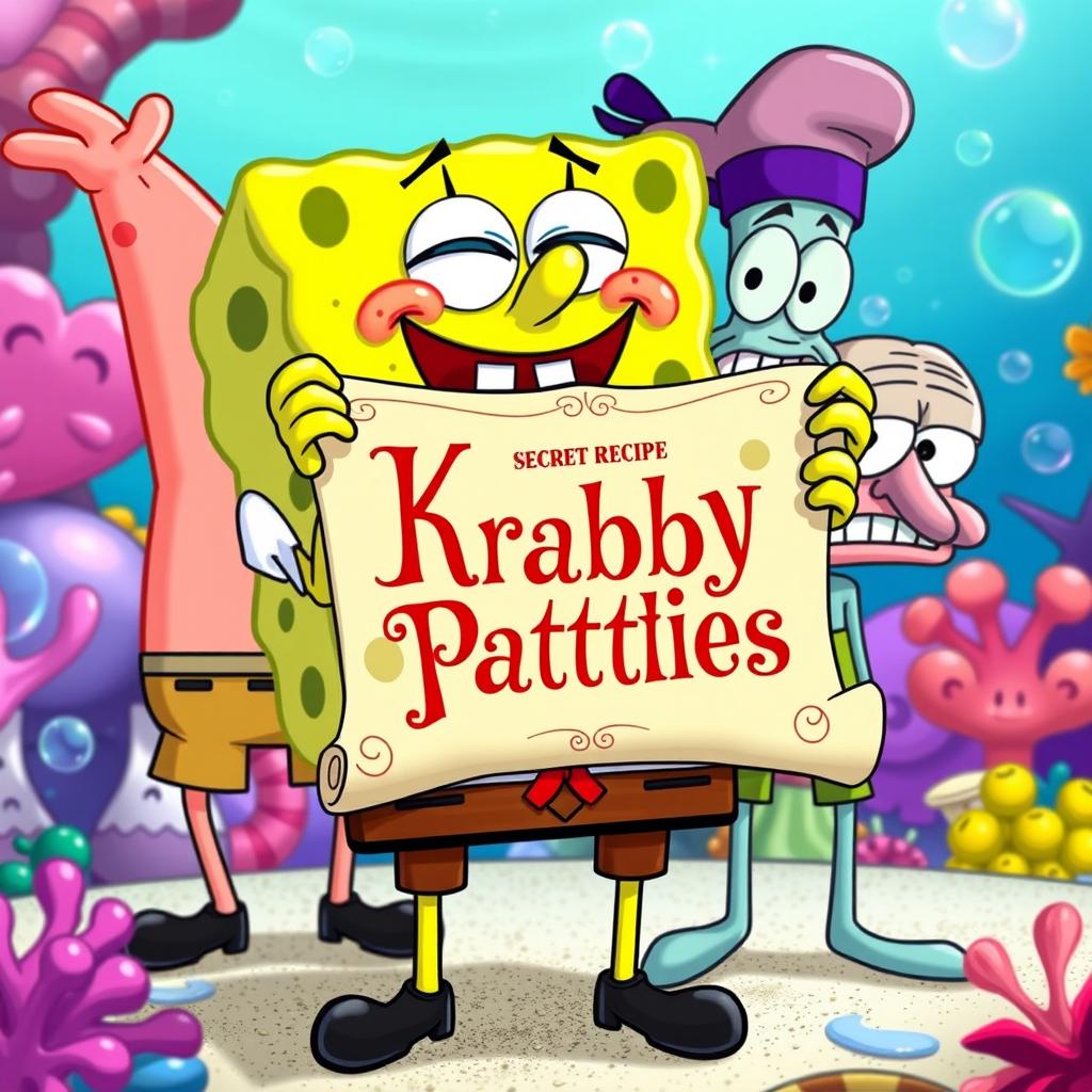 A colorful illustration of the main characters from SpongeBob SquarePants, including SpongeBob, Patrick, and Squidward, joyfully holding up the secret recipe for Krabby Patties in a playful and cartoonish style