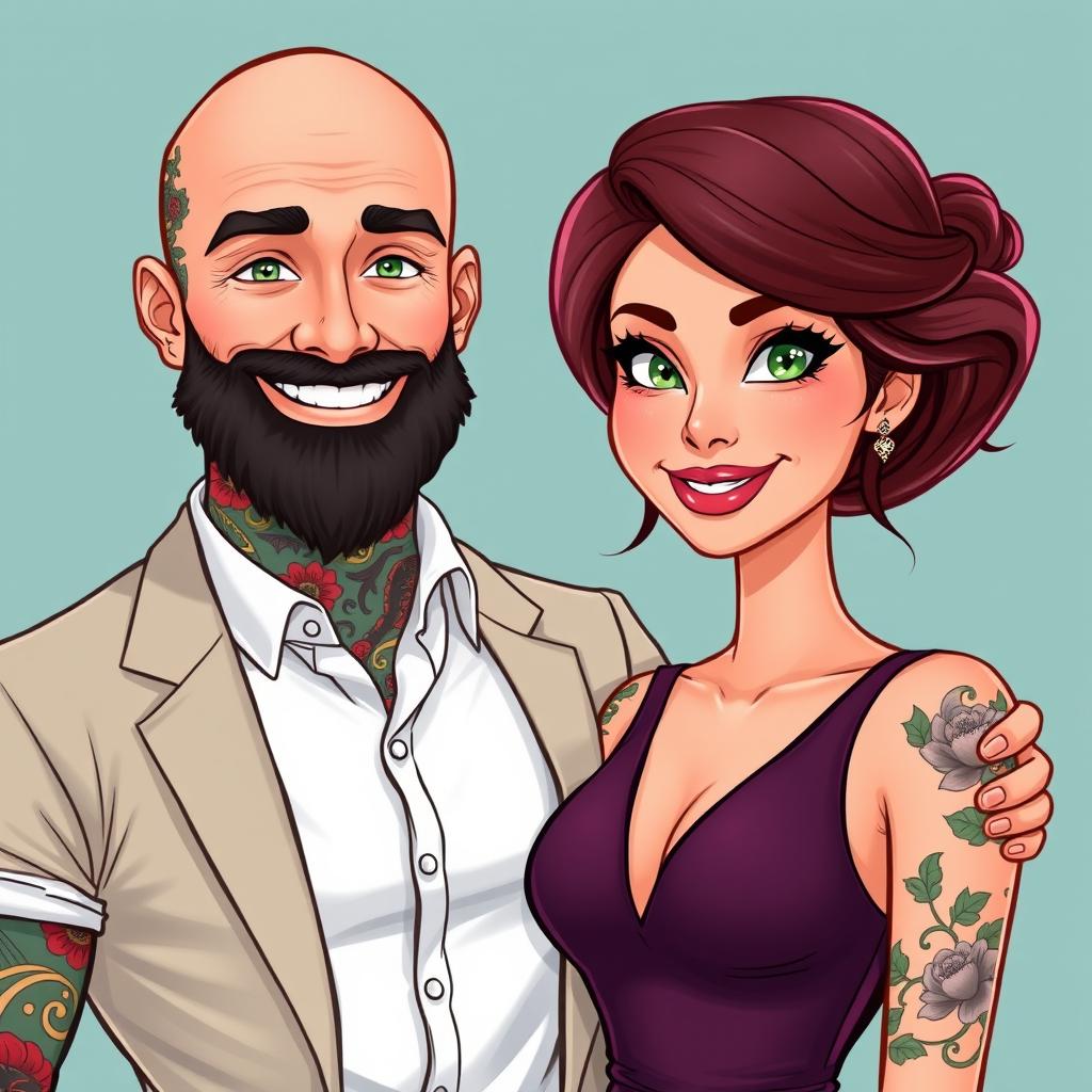 A stylishly dressed bald man with a beard, covered in vibrant tattoos, showcasing his greenish eyes, stands proudly beside a pretty woman with either dark brown or reddish hair