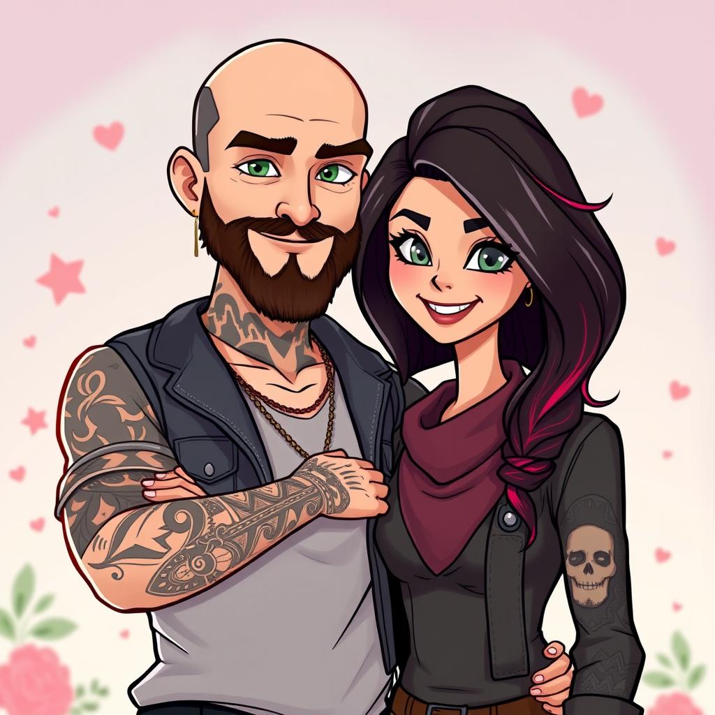 A stylishly dressed bald man with a beard, showcasing numerous tattoos on his arms, standing confidently next to a pretty woman