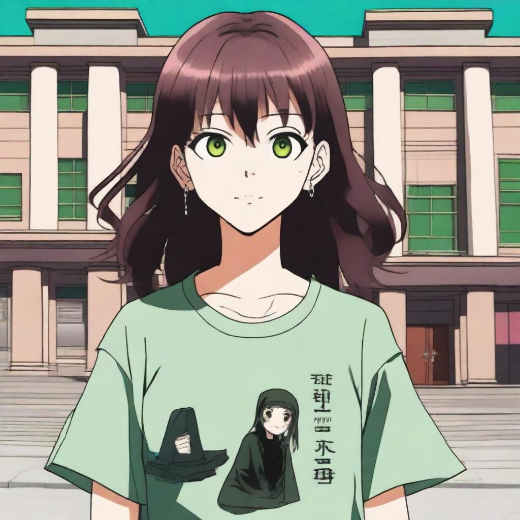 A girl with long, silky dark brown hair and greenish hazel eyes, illustrated in Jujutsu Kaisen anime style. She is wearing an oversized T-shirt with a mandarin on it, standing and smiling in front of a University building.