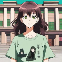 A girl with long, silky dark brown hair and greenish hazel eyes, illustrated in Jujutsu Kaisen anime style. She is wearing an oversized T-shirt with a mandarin on it, standing and smiling in front of a University building.