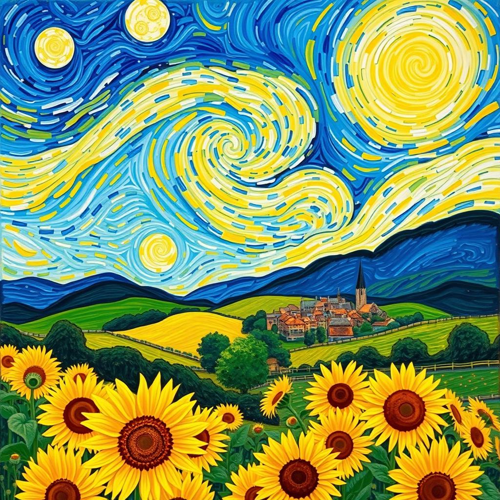 A vibrant and expressive landscape painting inspired by Vincent Van Gogh, showcasing swirling skies filled with dynamic clouds and a rich palette of blues and yellows