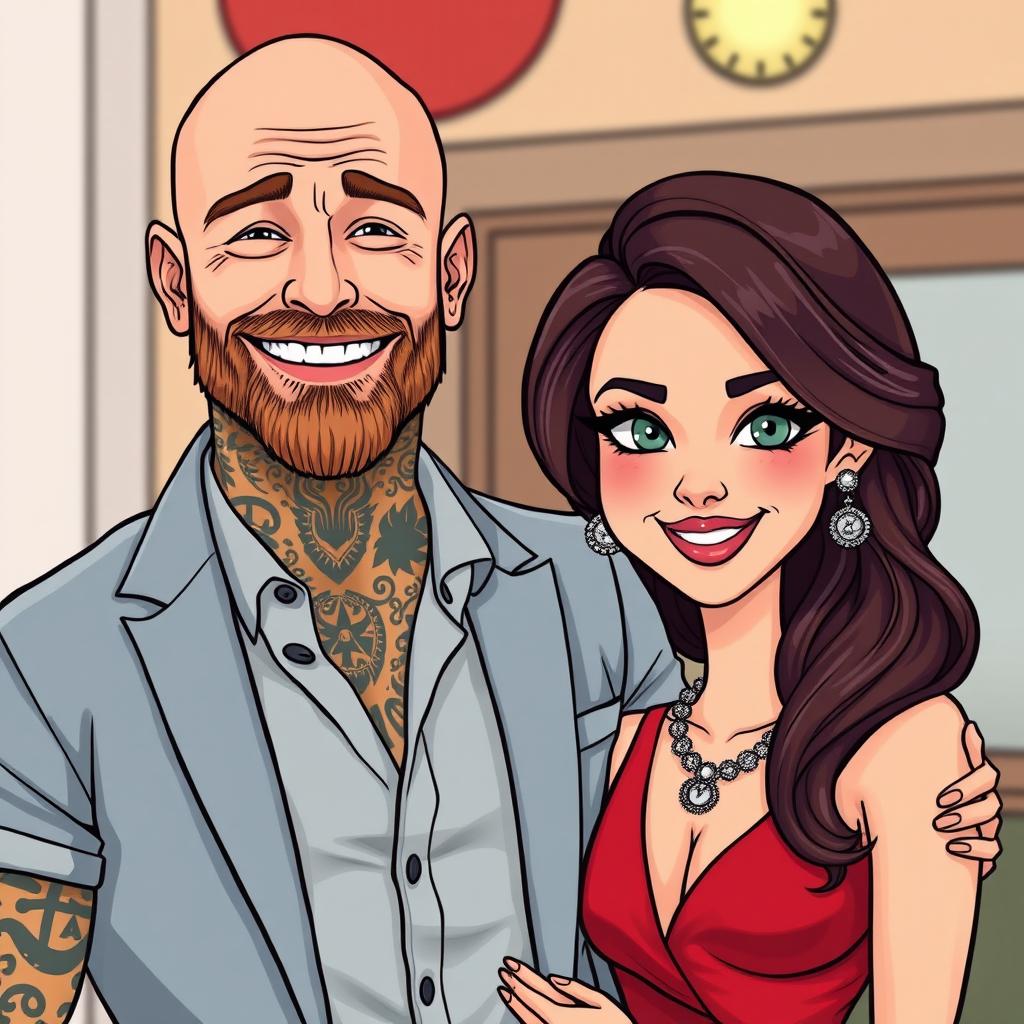 A stylishly dressed bald man with a short light brown beard and numerous tattoos stands happily next to a beautifully dressed woman with dark brown or reddish hair