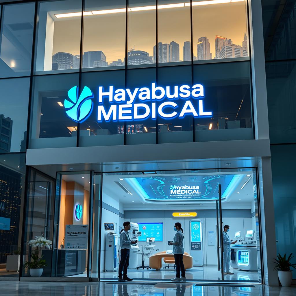 A futuristic, high-tech medical facility branded as 'Hayabusa Medical