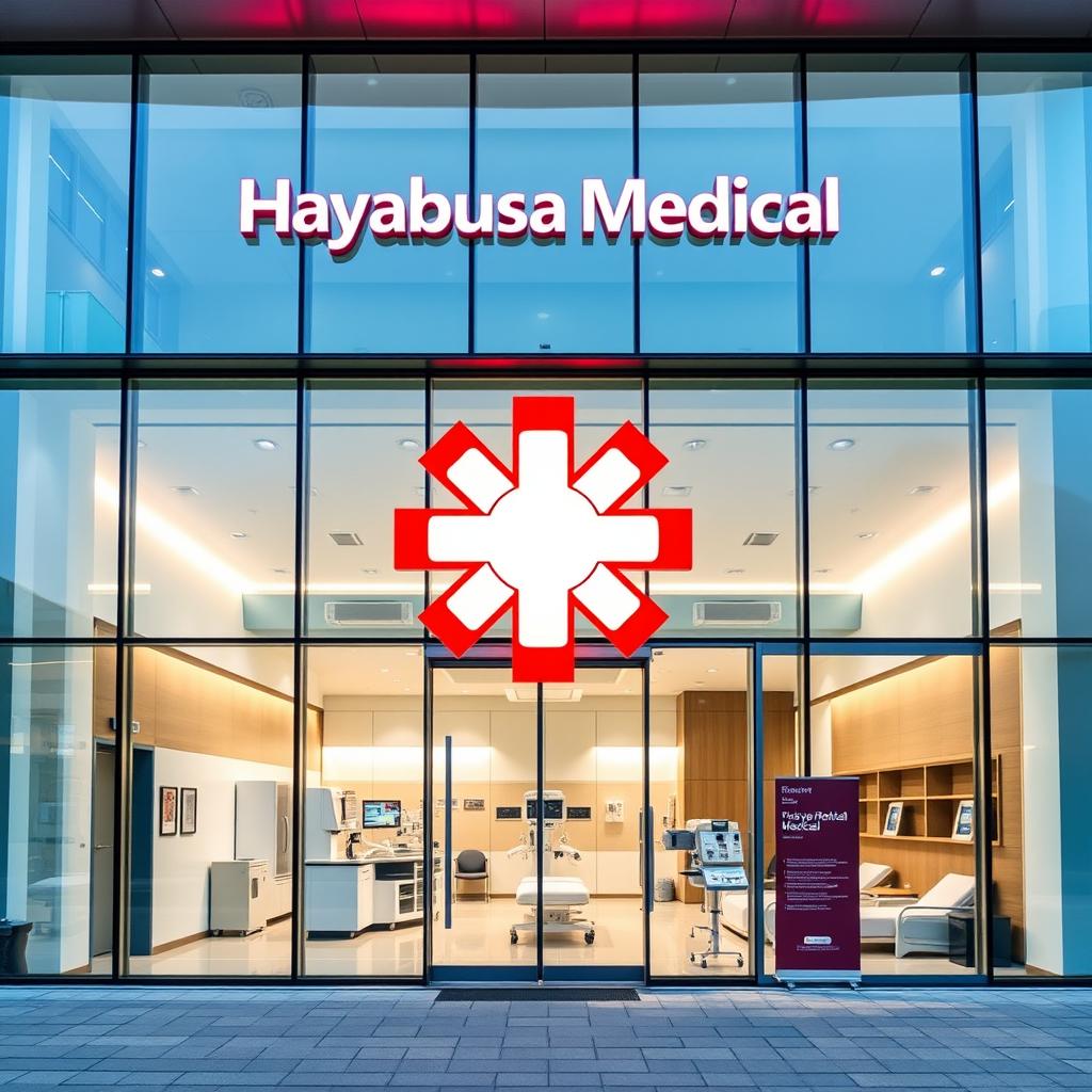 A modern medical facility branded as 'Hayabusa Medical,' prominently featuring a striking red medical symbol embedded in the design